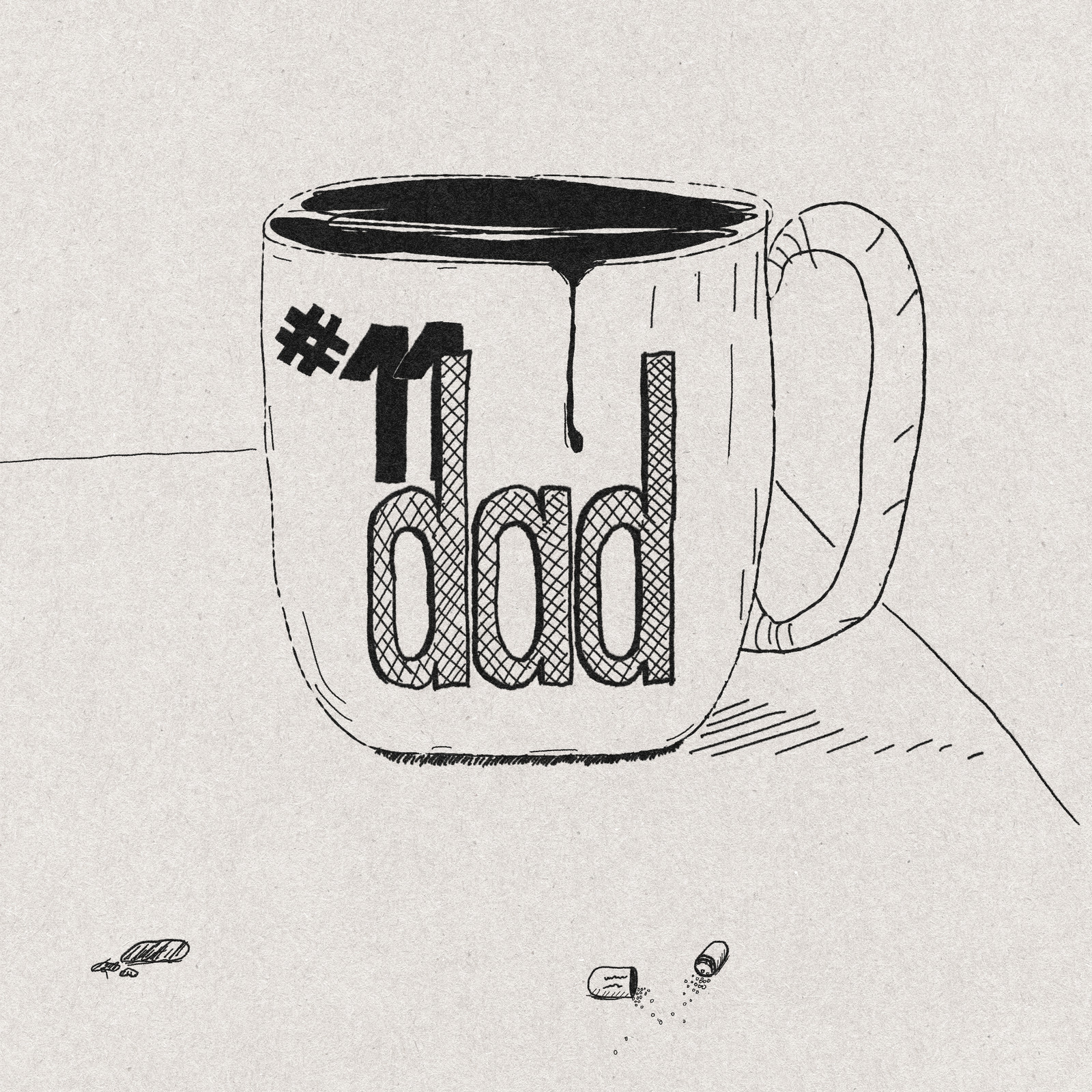 A mug on a table, coffee overfilled and running down the side. The mug reads: hash eleven, dad. Two spilled capsules lie on the surface below.
