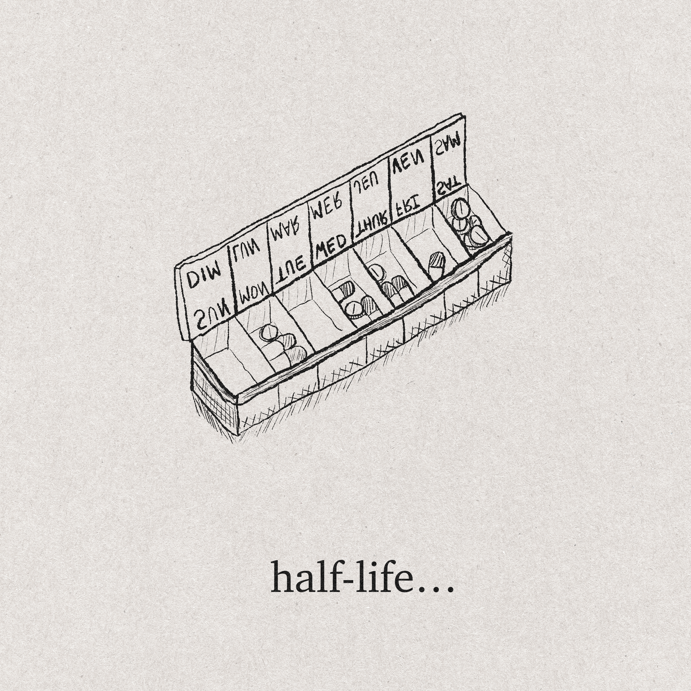 A weekly pill organizer seen from above. The closed lid halves read as mirror-reversed day labels; the open compartments below spill pills. Caption: half-life…